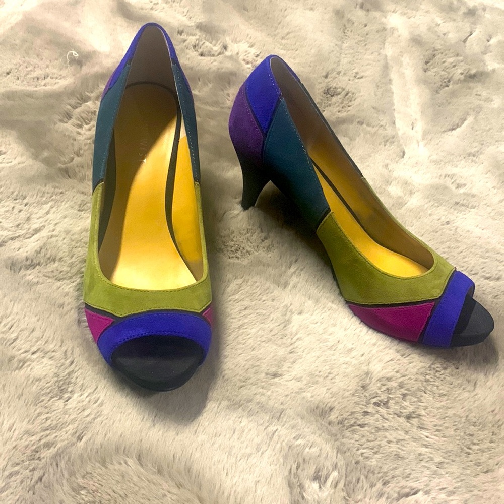 NINE WEST Vintage Retro Colour Block Pumps Shoe Heels Boho Peep Toe Sexy Dress 7